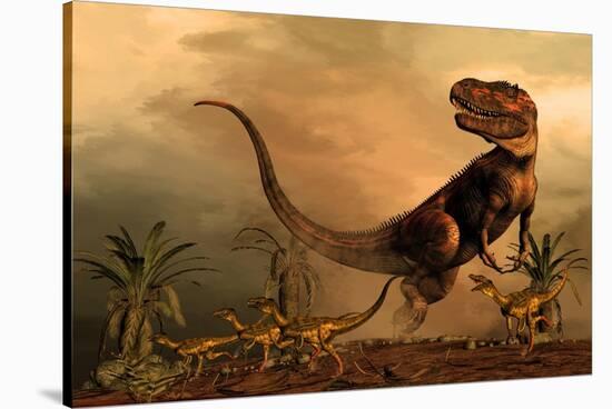 A Torvosaurus on the Prowl While a Group of Ornitholestes Flee a Hasty Retreat-null-Stretched Canvas