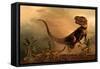 A Torvosaurus on the Prowl While a Group of Ornitholestes Flee a Hasty Retreat-null-Framed Stretched Canvas