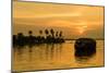 A traditional houseboat moves past the setting sun on the Kerala Backwaters, Kerala, India, Asia-Logan Brown-Mounted Photographic Print
