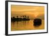 A traditional houseboat moves past the setting sun on the Kerala Backwaters, Kerala, India, Asia-Logan Brown-Framed Photographic Print