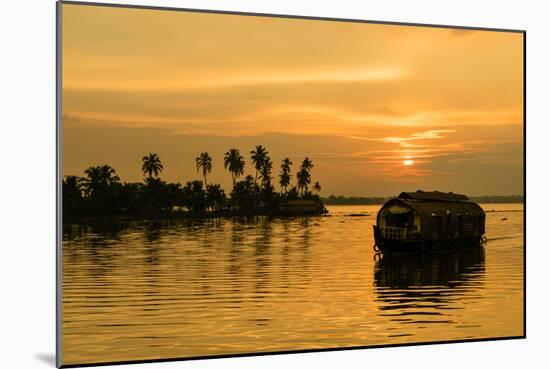 A traditional houseboat moves past the setting sun on the Kerala Backwaters, Kerala, India, Asia-Logan Brown-Mounted Premium Photographic Print