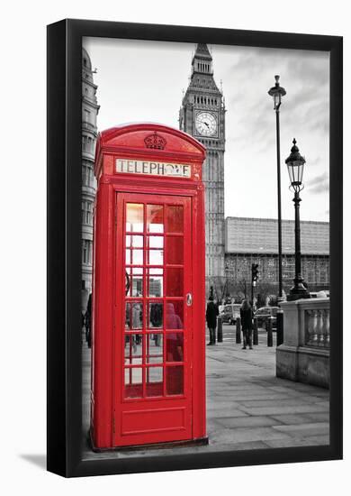 A Traditional Red Phone Booth In London With The Big Ben In A Black And White Background-null-Framed Poster