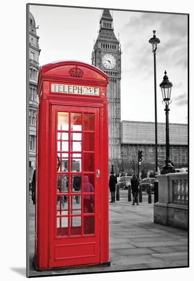 A Traditional Red Phone Booth In London With The Big Ben In A Black And White Background-null-Mounted Poster