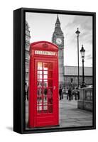 A Traditional Red Phone Booth In London With The Big Ben In A Black And White Background-Kamira-Framed Stretched Canvas