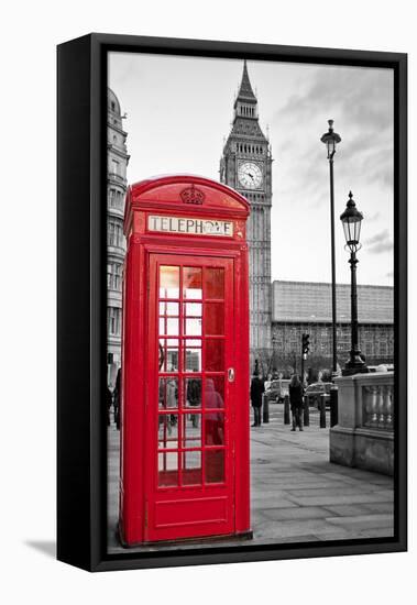 A Traditional Red Phone Booth In London With The Big Ben In A Black And White Background-Kamira-Framed Stretched Canvas