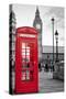 A Traditional Red Phone Booth In London With The Big Ben In A Black And White Background-Kamira-Stretched Canvas