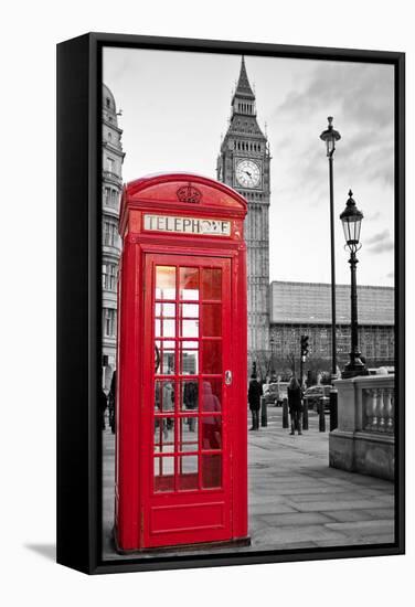 A Traditional Red Phone Booth In London With The Big Ben In A Black And White Background-Kamira-Framed Stretched Canvas
