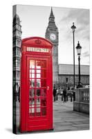 A Traditional Red Phone Booth In London With The Big Ben In A Black And White Background-Kamira-Stretched Canvas