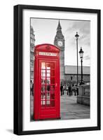 A Traditional Red Phone Booth In London With The Big Ben In A Black And White Background-Kamira-Framed Premium Photographic Print