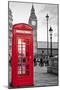 A Traditional Red Phone Booth In London With The Big Ben In A Black And White Background-Kamira-Mounted Premium Photographic Print