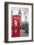 A Traditional Red Phone Booth In London With The Big Ben In A Black And White Background-Kamira-Framed Premium Photographic Print