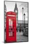 A Traditional Red Phone Booth In London With The Big Ben In A Black And White Background-Kamira-Mounted Premium Photographic Print