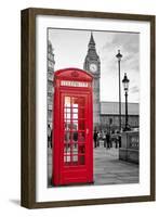 A Traditional Red Phone Booth In London With The Big Ben In A Black And White Background-Kamira-Framed Photographic Print