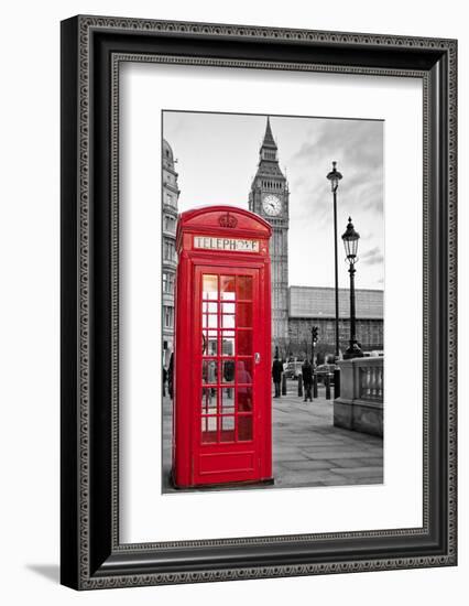 A Traditional Red Phone Booth In London With The Big Ben In A Black And White Background-Kamira-Framed Photographic Print