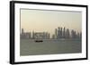 A Traditional Wooden Dhow Boat Sails Past Modern Skyscrapers, West Bay Financial District, Doha-Stuart Forster-Framed Photographic Print