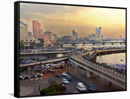 A Traffic Jam at Sunset on One of Cairo's Bridges Spanning the Nile River, Egypt, May 20, 2001-Enric Marti-Framed Stretched Canvas