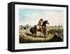 A trapper on horseback and wearing buckskin aiming his rifle at the Indians.-Vernon Lewis Gallery-Framed Stretched Canvas