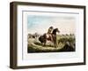 A trapper on horseback and wearing buckskin aiming his rifle at the Indians.-Vernon Lewis Gallery-Framed Art Print