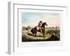 A trapper on horseback and wearing buckskin aiming his rifle at the Indians.-Vernon Lewis Gallery-Framed Art Print