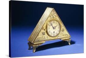 A Triangular Brass Table Clock with Engraved Floral Decoration-Dagobert Peche-Stretched Canvas