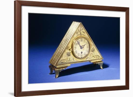 A Triangular Brass Table Clock with Engraved Floral Decoration-Dagobert Peche-Framed Giclee Print