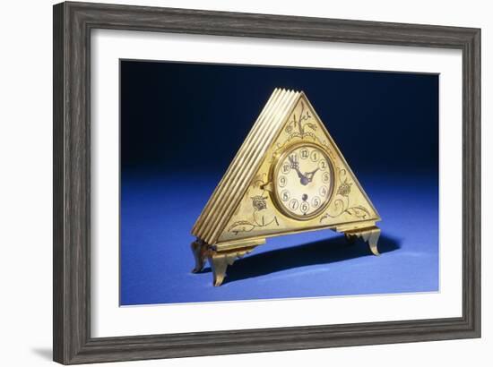 A Triangular Brass Table Clock with Engraved Floral Decoration-Dagobert Peche-Framed Giclee Print