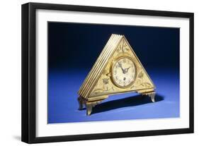 A Triangular Brass Table Clock with Engraved Floral Decoration-Dagobert Peche-Framed Giclee Print