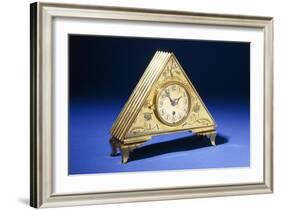 A Triangular Brass Table Clock with Engraved Floral Decoration-Dagobert Peche-Framed Giclee Print