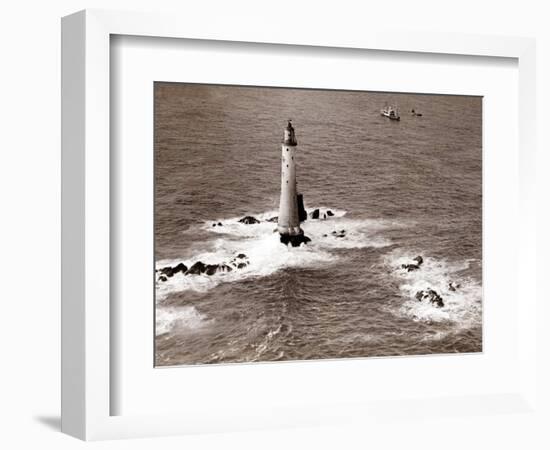 A Trinity House Steamer Waits off the Eddystone Lighthouse to Deliver Christmas Supplies, 1938-null-Framed Photographic Print