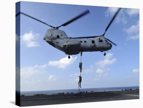 A Trio of Marines Fast Rope from a CH-46E Sea Knight Helicopter-Stocktrek Images-Stretched Canvas