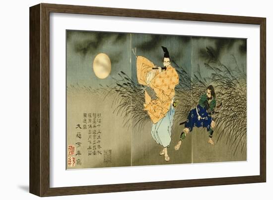 A Triptych of Fujiwara No Yasumasa Playing the Flute by Moonlight-Tsukioka Kinzaburo Yoshitoshi-Framed Giclee Print