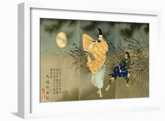 A Triptych of Fujiwara No Yasumasa Playing the Flute by Moonlight-Tsukioka Kinzaburo Yoshitoshi-Framed Giclee Print