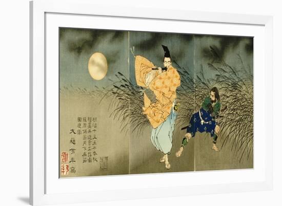 A Triptych of Fujiwara No Yasumasa Playing the Flute by Moonlight-Tsukioka Kinzaburo Yoshitoshi-Framed Giclee Print