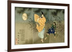 A Triptych of Fujiwara No Yasumasa Playing the Flute by Moonlight-Tsukioka Kinzaburo Yoshitoshi-Framed Giclee Print