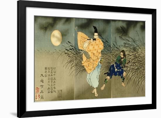 A Triptych of Fujiwara No Yasumasa Playing the Flute by Moonlight-Tsukioka Kinzaburo Yoshitoshi-Framed Giclee Print