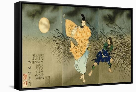 A Triptych of Fujiwara No Yasumasa Playing the Flute by Moonlight-Tsukioka Kinzaburo Yoshitoshi-Framed Stretched Canvas