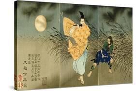 A Triptych of Fujiwara No Yasumasa Playing the Flute by Moonlight-Tsukioka Kinzaburo Yoshitoshi-Stretched Canvas