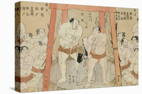 A Triptych Showing a Draw in the Bout Between Onogawa and Tanikaze woodblock print on paper-Katsukawa Shunei-Stretched Canvas