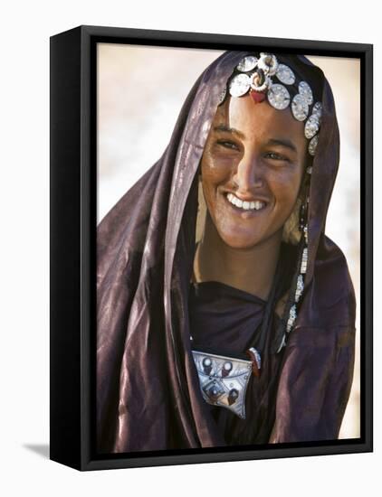 A Tuareg Woman with Attractive Silver Jewellery at Her Desert Home, North of Timbuktu, Mali-Nigel Pavitt-Framed Stretched Canvas