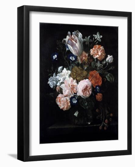 A Tulip, Carnations, and Morning Glory in a Glass Vase, 17th Century-Nicolaes van Veerendael-Framed Giclee Print