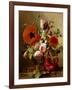 A Tulip, Roses, Poppies and other Flowers and a Beetle on a Ledge-Gronland Theude-Framed Giclee Print