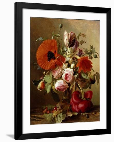 A Tulip, Roses, Poppies and other Flowers and a Beetle on a Ledge-Gronland Theude-Framed Giclee Print