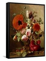 A Tulip, Roses, Poppies and other Flowers and a Beetle on a Ledge-Gronland Theude-Framed Stretched Canvas