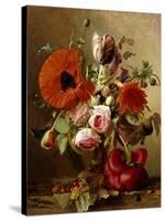 A Tulip, Roses, Poppies and other Flowers and a Beetle on a Ledge-Gronland Theude-Stretched Canvas