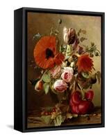 A Tulip, Roses, Poppies and other Flowers and a Beetle on a Ledge-Gronland Theude-Framed Stretched Canvas