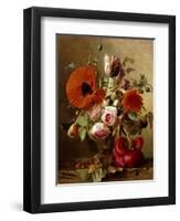 A Tulip, Roses, Poppies and other Flowers and a Beetle on a Ledge-Gronland Theude-Framed Premium Giclee Print