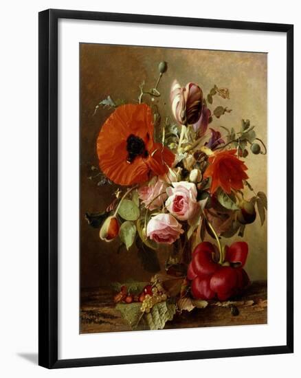 A Tulip, Roses, Poppies and other Flowers and a Beetle on a Ledge-Gronland Theude-Framed Giclee Print