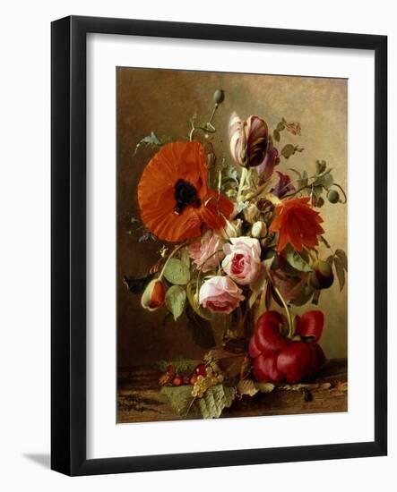 A Tulip, Roses, Poppies and other Flowers and a Beetle on a Ledge-Gronland Theude-Framed Giclee Print