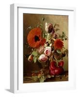 A Tulip, Roses, Poppies and other Flowers and a Beetle on a Ledge-Gronland Theude-Framed Giclee Print