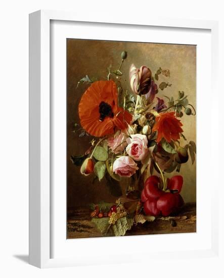 A Tulip, Roses, Poppies and other Flowers and a Beetle on a Ledge-Gronland Theude-Framed Giclee Print